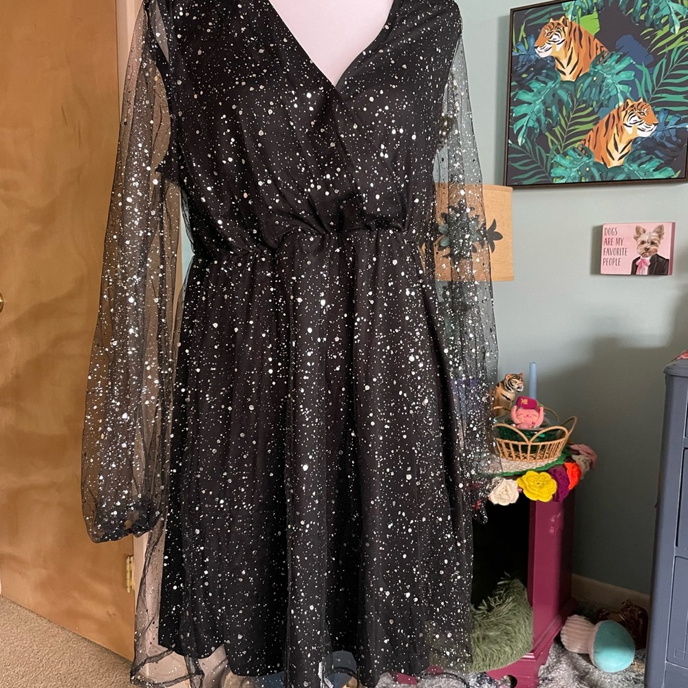 SHEIN Black Sparkle Wrap Dress with Sheer Long Sleeves